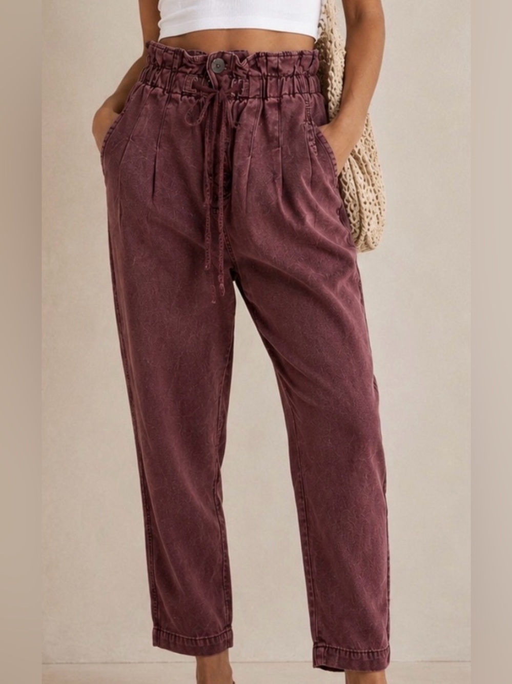 Free People Margate Paper-bag Pants Washed Plum High-Waist Button-fly Sz.S